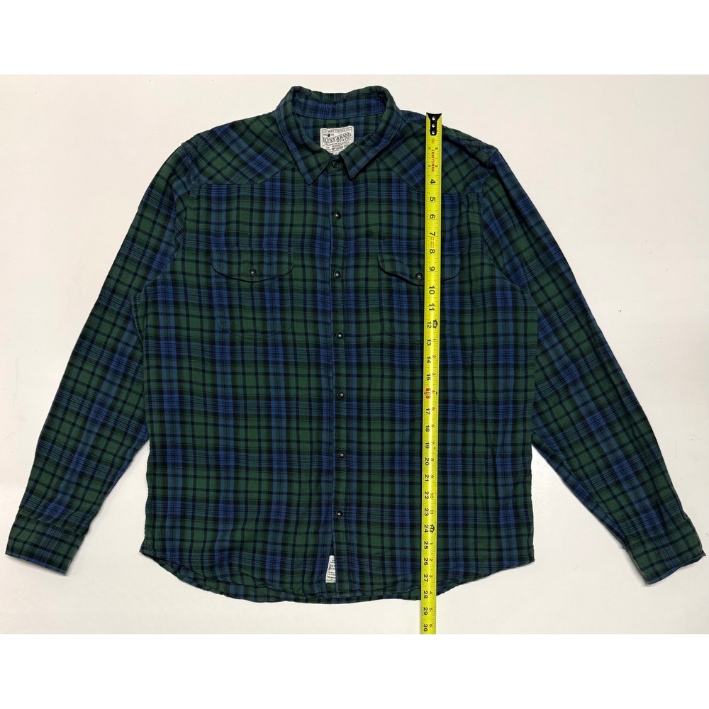 Lucky Brand Mens XL Green Blue Plaid Western Pearl Snap Flannel Long Sleeve